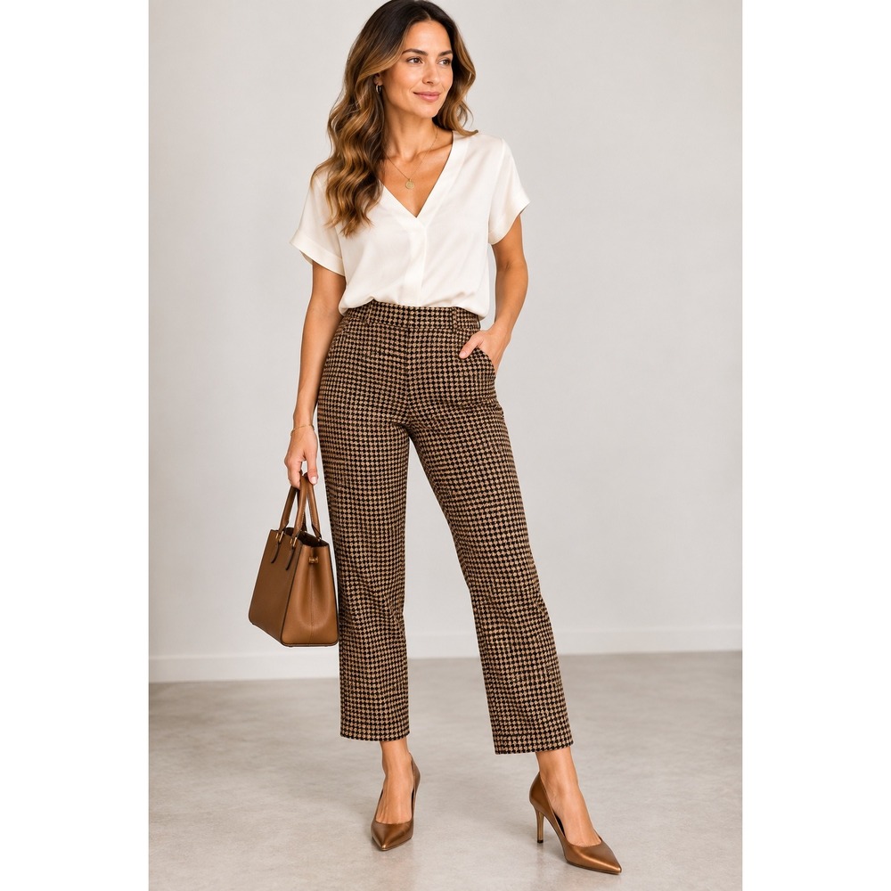 Ann Taylor Factory M Ankle Pants Camel Black Houndstooth Pull On Stretch 29"